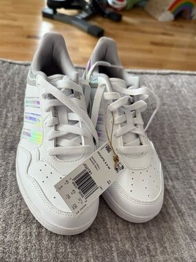 adidas women’s hoop 4.0 White Sneakers with Iridescent Stripe Accents